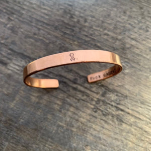 F- Cancer Hidden Message - Hand Stamped Cuff Awareness Ribbon Bracelet