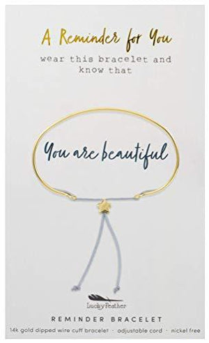 Lucky Feather Reminder 14k Gold Dipped Adjustable Wire Cuff Mantra Bracelet (You are Beautiful) with Gold Star Charm, Ideal Quarantine Gift