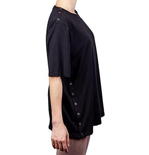 Shoulder Surgery Shirts, Unisex Rehab Shirt with Discreet Shoulder Snaps, Chemo Clothing, Short Sleeve Shirt Men & Women (Black, Medium)