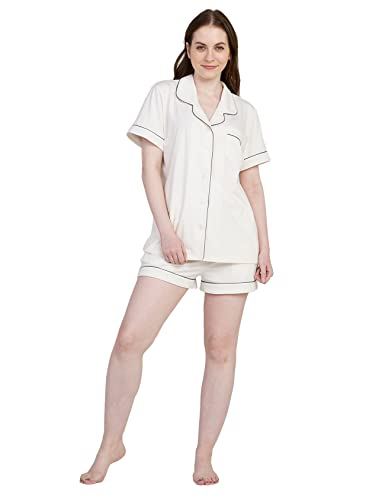LAPASA Women's Knit Pyjama Set Sleepwear Loungewear PJs with Pockets Button Down XL, (Short Sleeve) White