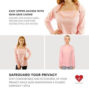 Inspired Comforts Women's Chemo Port Access Shirt with Dual Chest Zips | Full Sleeve | 100% Cotton | M, Pink
