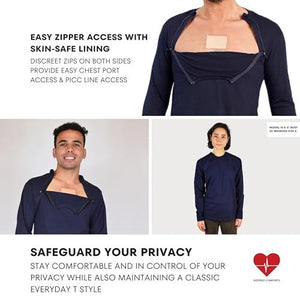 Inspired Comforts Men’s/Unisex Chemo Port Access Shirt with Dual Chest Zips | Full Sleeve | 100% Cotton | L, Navy