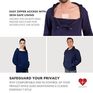 Inspired Comforts Mens/Unisex Chemo Port Access Hoodie | Sweatshirt with Dual Chest Zips | 100% Cotton | Full Sleeve | 2XL, Navy