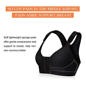 Wonderience Sports Bra Post-Surgical Wide Adjustable Strape with Front Closure Wirefree (Black, Large)