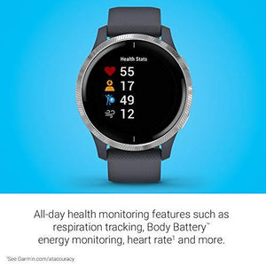 Garmin Venu, GPS Smartwatch with Bright Touchscreen Display, Features Music, Body Energy Monitoring, Animated Workouts, Pulse Ox Sensors and More, Granite Blue and Silver