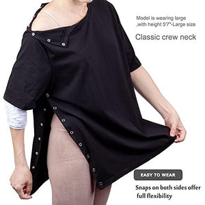 Shoulder Surgery Shirts, Unisex Rehab Shirt with Discreet Shoulder Snaps, Chemo Clothing, Short Sleeve Shirt Men & Women (Black, Medium)