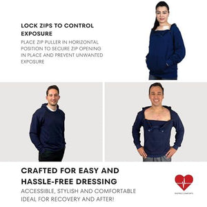 Inspired Comforts Mens/Unisex Chemo Port Access Hoodie | Sweatshirt with Dual Chest Zips | 100% Cotton | Full Sleeve | 2XL, Navy