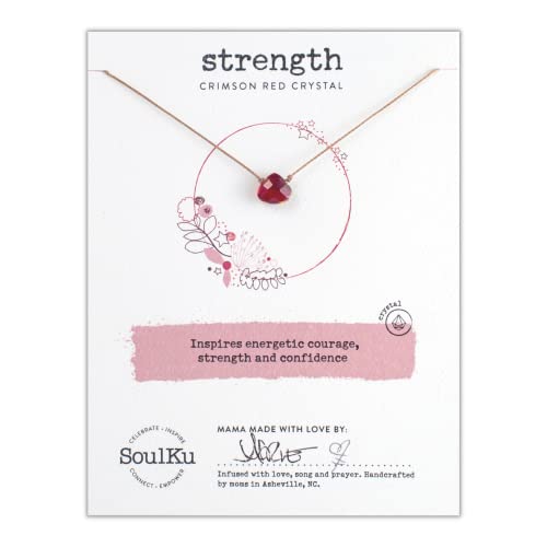 SoulKu Soul Shine Handmade Necklace, Empowering Jewelry With Healing Crystal, Inspirational Jewelry For Women, Mom & Sister, 2" Extender With Lobster Clasp, 16" Nylon Cord (Crimson Red, Strength)