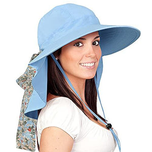 Womens Sun Hats Neck Flap Large Brim UV Protection Foldable Fishing Hiking Cap Blue
