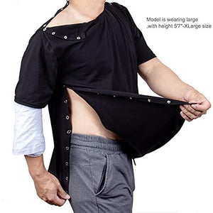Shoulder Surgery Shirts, Unisex Rehab Shirt with Discreet Shoulder Snaps, Chemo Clothing, Short Sleeve Shirt Men & Women (Black, Medium)