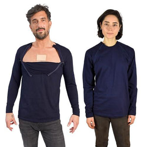 Inspired Comforts Men’s/Unisex Chemo Port Access Shirt with Dual Chest Zips | Full Sleeve | 100% Cotton | L, Navy