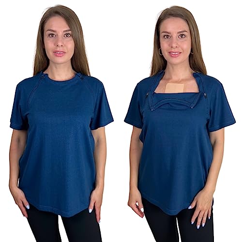 Inspired Comforts Women's Chemo Port Access Shirt with Dual Chest Zips | Half Sleeve | 100% Cotton | L, Teal