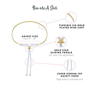 Lucky Feather Reminder 14k Gold Dipped Adjustable Wire Cuff Mantra Bracelet (You are Beautiful) with Gold Star Charm, Ideal Quarantine Gift