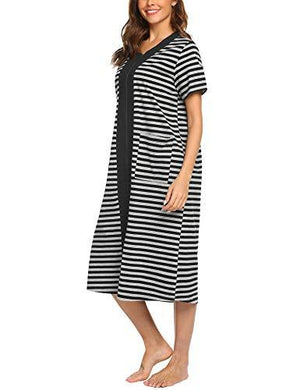 Ekouaer Women's Long Sleepwear Shirt Short Sleeve with Pockets S-XXL Black