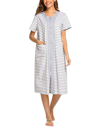 Ekouaer Zip Sleepwear Cotton Nightgowns Short Sleeve Nightdresses Striped Sleepdresses with Pockets for Women (XXL, White)