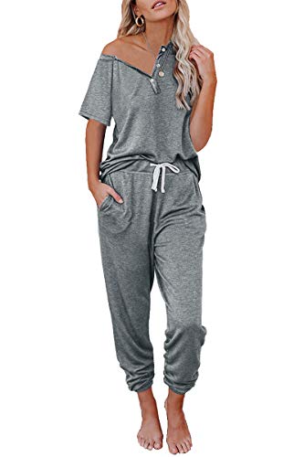 AUTOMET Pajamas for Women Sets Two Piece Summer Sets Short Sleeve Loungewear Soft Caual Button Down Tops Tracksuits Pjs Sets Fashion Clothes 2023 with Jogger Sweatpants