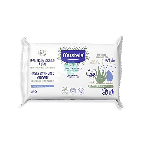 Mustela Baby Water Wipes with Organic Cotton & Aloe Vera - For Face & Body - Fragrance Free - Made with Compostable, Plastic Free & Biodegradable Fibers - NEA Approved & EWG Verified - 60 ct.
