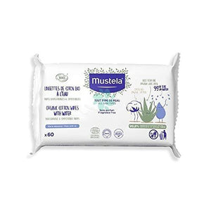 Mustela Baby Water Wipes with Organic Cotton & Aloe Vera - For Face & Body - Fragrance Free - Made with Compostable, Plastic Free & Biodegradable Fibers - NEA Approved & EWG Verified - 60 ct.
