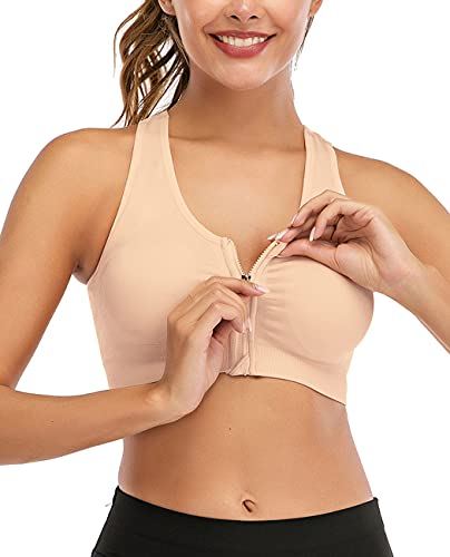 FLORATA Women's Sports Bra Wireless Post Surgery Bra Zip Front with Removable Pads Yoga Bra for Workout Fitness Beige