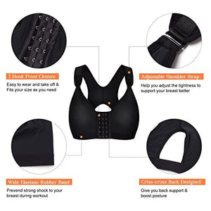 Wonderience Sports Bra Post-Surgical Wide Adjustable Strape with Front Closure Wirefree (Black, Large)