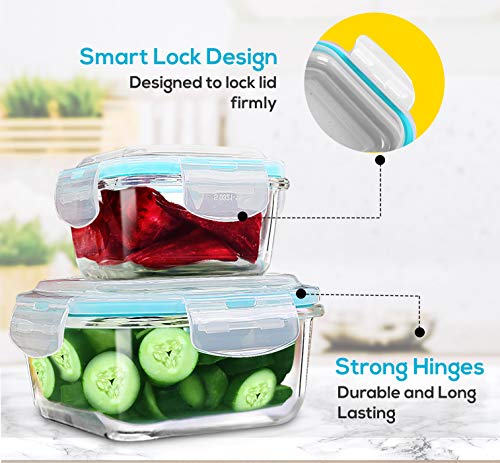 Glass Food Storage Containers with Lids - Hinged Locking Lids - 100% Leak Proof Glass Meal-Prep Containers Great for Lunch