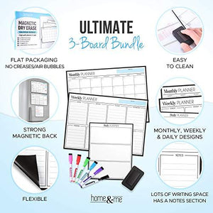 Magnetic Dry Erase Calendar Bundle for Fridge: 3 Boards Included - Monthly, Weekly, Daily Calendar Whiteboard 17x12