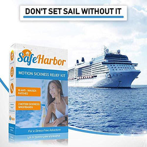 SafeHarbor Motion Sickness Relief and Anti Nausea Kit for Your Cruise Essentials | 2 Motion Sickness Bands 10 Natural + Herbal Relief Patches| Works for Children and Adults | Helpful E-Book Included