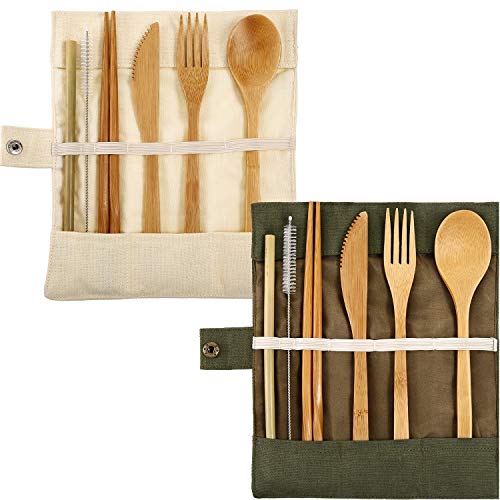 2 Set Bamboo Cutlery Flatware Set (White and Green)