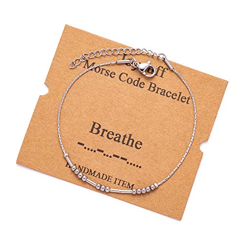 Breathe Morse Code Bracelets for Women Girls Mother Daughter Friend Inspirational Motivational Encouragement Stianless Steel Jewelry Gifts Silver Bracelet