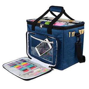 Hoshin Knitting Bag for Yarn Storage, High Capacity Yarn Totes Organizer with Inner Divider Portable for Carrying Project, Knitting Needles(up to 14”), Crochet Hooks, Skeins of Yarn (Navy)