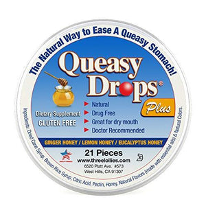 Queasy Drops Plus Honey & Pectin | 21 Drops | Nausea Relief (Chemo, Motion Sickness, Hangover etc.) | Drug Free & Gluten Free | 3 Flavors: Ginger Honey, Lemon Honey & Eucalyptus Honey