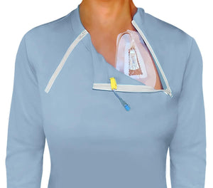 ComfyChemo® CHEMOWEAR : Women's Long Sleeve Chemotherapy Port Zipper Shirts (Large, Blue)