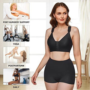 Wonderience Sports Bra Post-Surgical Wide Adjustable Strape with Front Closure Wirefree (Black, Large)