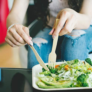 GoWoo Bamboo Disposable Cutlery Set 100 Pieces 50 Forks, 25 Spoons, 25 Knives