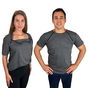 Inspired Comforts Mens/Uni-Sex Chemo Port Access Shirt with Dual Chest Zips | 100% Cotton | Half Sleeve | XL, Charcoal