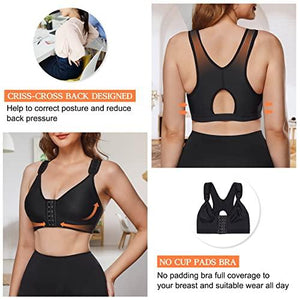 Wonderience Sports Bra Post-Surgical Wide Adjustable Strape with Front Closure Wirefree (Black, Large)