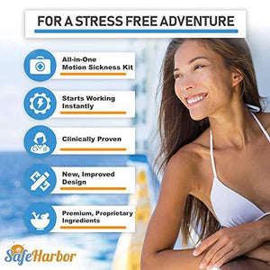 SafeHarbor Motion Sickness Relief and Anti Nausea Kit for Your Cruise Essentials | 2 Motion Sickness Bands 10 Natural + Herbal Relief Patches| Works for Children and Adults | Helpful E-Book Included