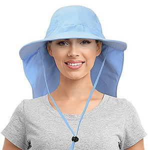 Womens Sun Hats Neck Flap Large Brim UV Protection Foldable Fishing Hiking Cap Blue