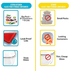 Utopia Kitchen Glass Food Storage Container Set  BPA Free (Blue, 18 Piece Set)