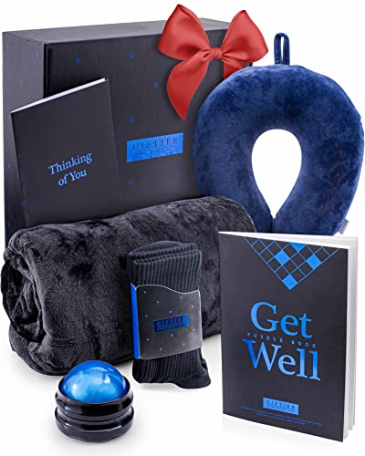 GIFTIER Get Well Soon Gift Basket – Care Package for Men w/ Memory Foam Pillow, Massage Roller, Plush Blanket, Socks, Puzzle Book, Greeting Card – Curated Get Well Gift Basket for Men After Surgery