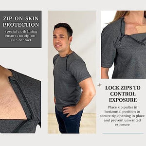 Inspired Comforts Mens/Uni-Sex Chemo Port Access Shirt with Dual Chest Zips | 100% Cotton | Half Sleeve | XL, Charcoal