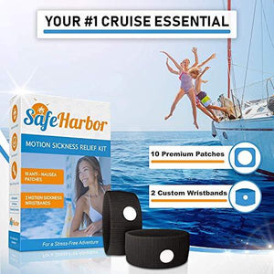 SafeHarbor Motion Sickness Relief and Anti Nausea Kit for Your Cruise Essentials | 2 Motion Sickness Bands 10 Natural + Herbal Relief Patches| Works for Children and Adults | Helpful E-Book Included