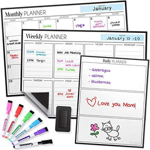 Magnetic Dry Erase Calendar Bundle for Fridge: 3 Boards Included - Monthly, Weekly, Daily Calendar Whiteboard 17x12