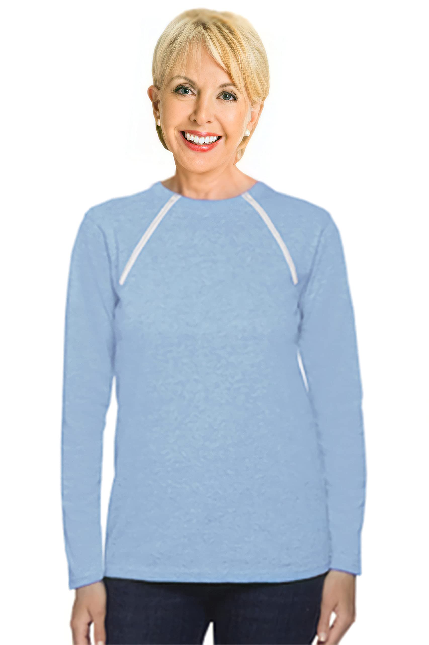 ComfyChemo® CHEMOWEAR : Women's Long Sleeve Chemotherapy Port Zipper Shirts (Large, Blue)