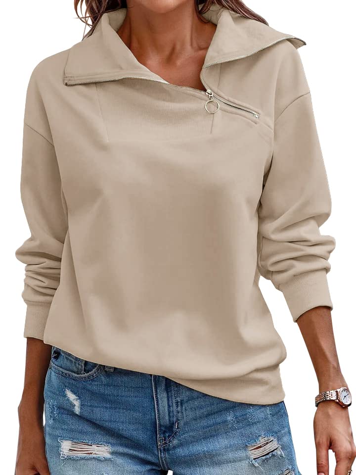 Womens Zipper Sweatshirt Turtleneck Long Sleeve Pullover Casual Loose Sweatshirts Top T Shirts Khaki