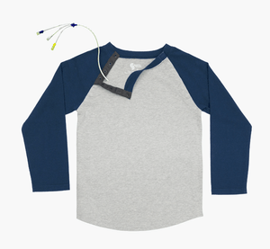 Kids Navy Port Access Baseball Tee, Shoulder Snap T-Shirt, IV Access, Adaptive Cancer/Chemo/Rehab/Recovery Shirt