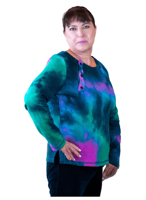 Adaptive Women’s Shirt | Dialysis | Chemotherapy | PICC Line Access In Tie Dye Print Teal Combo