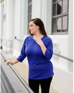 Chemo Long Sleeve Shirt with Chest Port Access in Color Navy, chemotherapy top with snaps for cancer patients