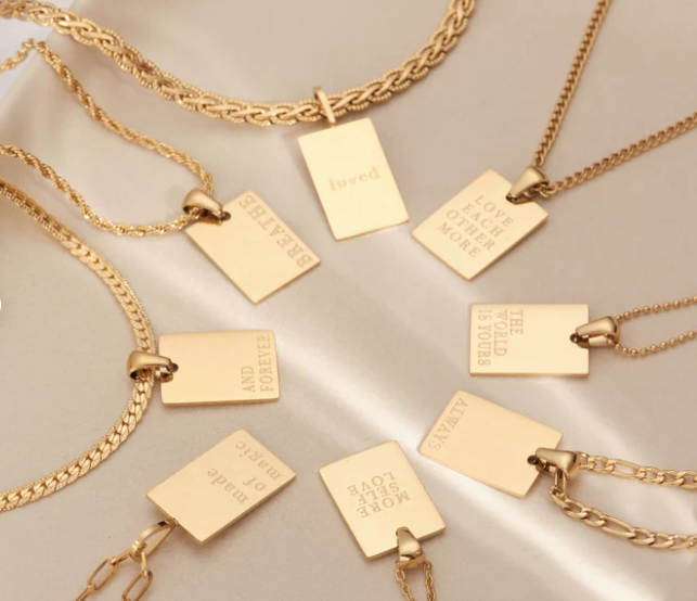 18K Gold Square Engraved Inspiring Quote Pendant Necklace, The world is yours, more self love, Breathe necklace, love each other more, loved
