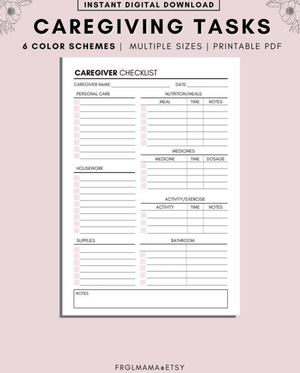 Caregiving Daily Tasks Log, A4 A5 Printable, Elderly Care Caregiving Checklist, Daily cleaning, Daily Tasks, Housekeeping, Care log Template
